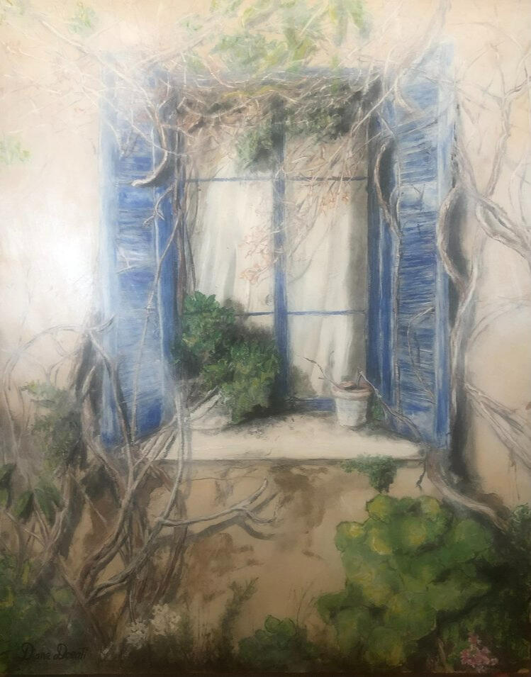 Abandon Window with Blue Shutters